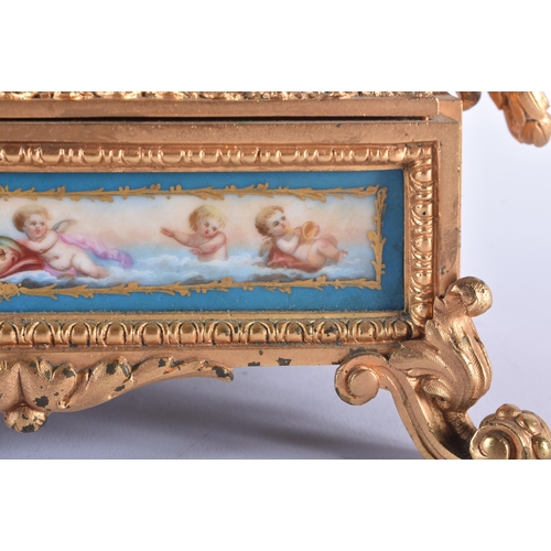 1256 - A LARGE 19TH CENTURY FRENCH BRONZE AND SEVRES PORCELAIN MANTEL CLOCK painted with putti. 42 cm x 22 ... 