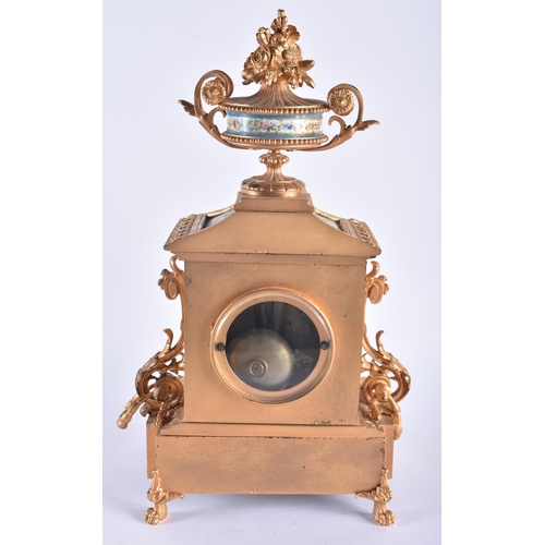 1256 - A LARGE 19TH CENTURY FRENCH BRONZE AND SEVRES PORCELAIN MANTEL CLOCK painted with putti. 42 cm x 22 ... 