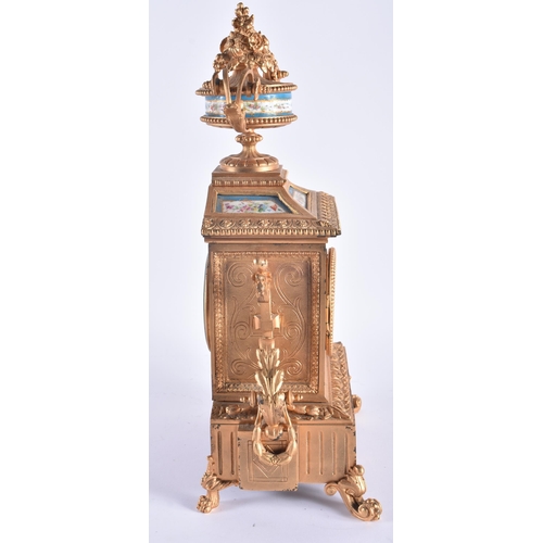 1256 - A LARGE 19TH CENTURY FRENCH BRONZE AND SEVRES PORCELAIN MANTEL CLOCK painted with putti. 42 cm x 22 ... 