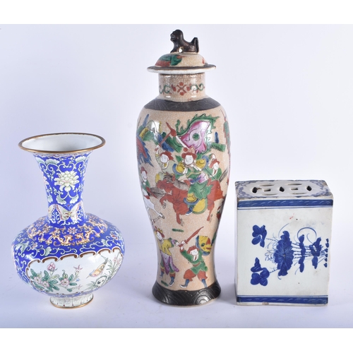 1263 - A 19TH CENTURY CHINESE FAMILLE VERTE CRACKLE GLAZED VASE AND COVER together with a Canton enamel vas... 