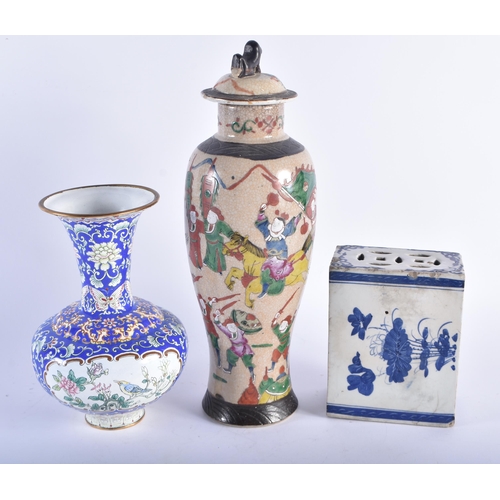 1263 - A 19TH CENTURY CHINESE FAMILLE VERTE CRACKLE GLAZED VASE AND COVER together with a Canton enamel vas... 