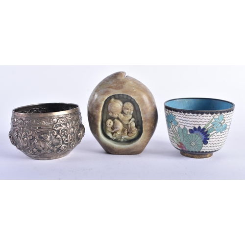 1264 - AN ANTIQUE MIDDLE EASTERN INDIAN SILVER BOWL together with a jade peach & a cloisonne teabowl. Silve... 