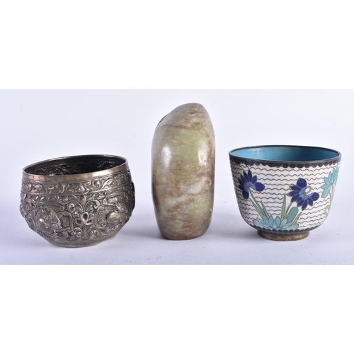 1264 - AN ANTIQUE MIDDLE EASTERN INDIAN SILVER BOWL together with a jade peach & a cloisonne teabowl. Silve... 