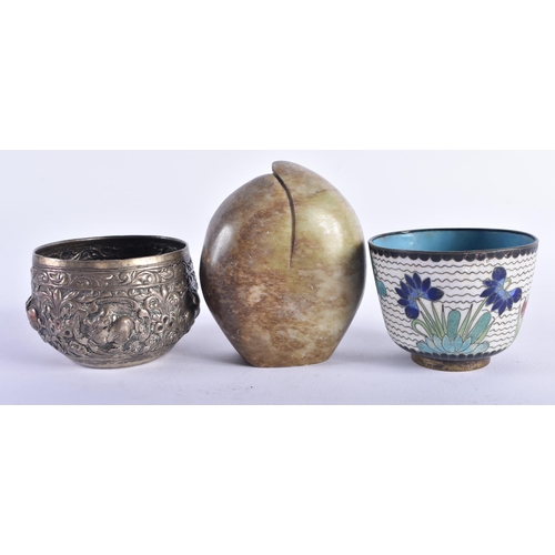 1264 - AN ANTIQUE MIDDLE EASTERN INDIAN SILVER BOWL together with a jade peach & a cloisonne teabowl. Silve... 