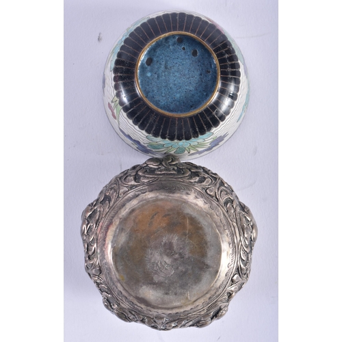 1264 - AN ANTIQUE MIDDLE EASTERN INDIAN SILVER BOWL together with a jade peach & a cloisonne teabowl. Silve... 