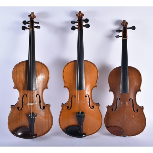 1267 - THREE VINTAGE VIOLINS. Largest 59 cm long. (3)