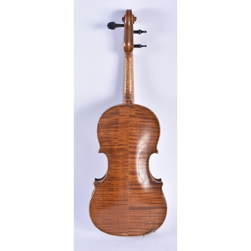 1267 - THREE VINTAGE VIOLINS. Largest 59 cm long. (3)