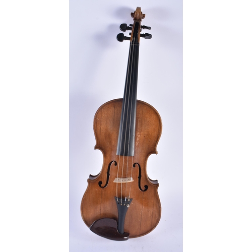 1267 - THREE VINTAGE VIOLINS. Largest 59 cm long. (3)