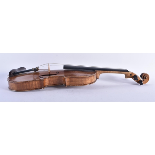 1267 - THREE VINTAGE VIOLINS. Largest 59 cm long. (3)