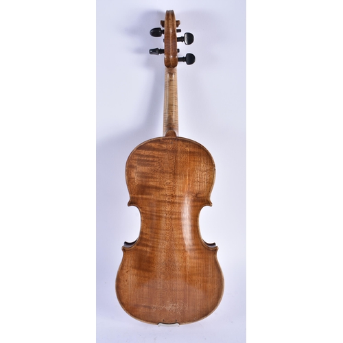 1267 - THREE VINTAGE VIOLINS. Largest 59 cm long. (3)