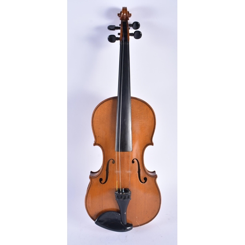 1267 - THREE VINTAGE VIOLINS. Largest 59 cm long. (3)