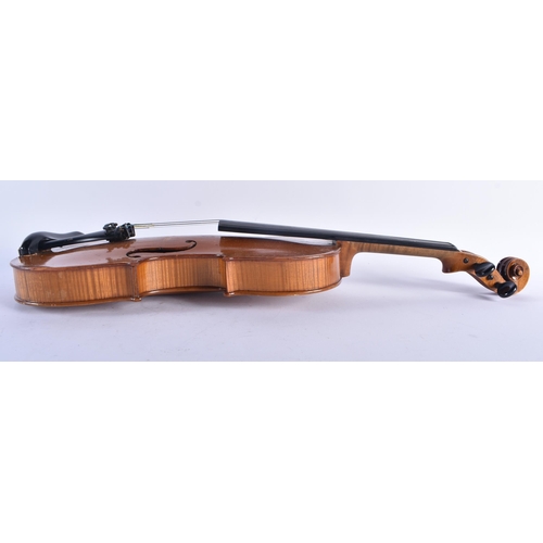 1267 - THREE VINTAGE VIOLINS. Largest 59 cm long. (3)