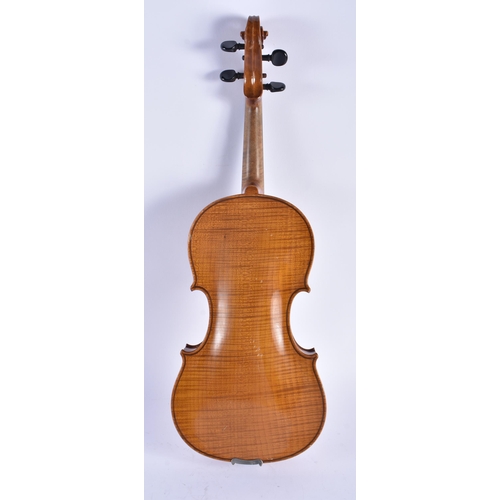 1267 - THREE VINTAGE VIOLINS. Largest 59 cm long. (3)