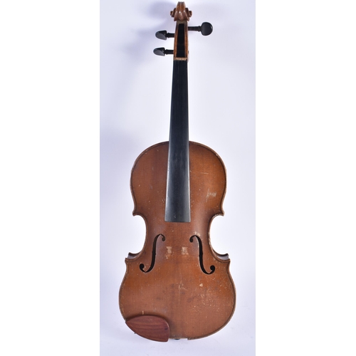 1267 - THREE VINTAGE VIOLINS. Largest 59 cm long. (3)