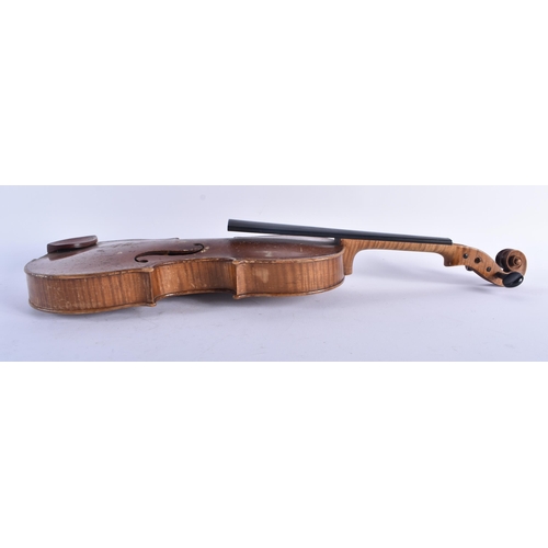 1267 - THREE VINTAGE VIOLINS. Largest 59 cm long. (3)