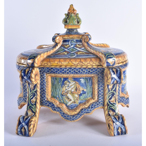 1272 - A RARE 19TH CENTURY ITALIAN MAJOLICA POTTERY BOWL AND COVER of unusual form, painted with classical ... 