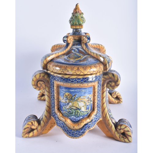 1272 - A RARE 19TH CENTURY ITALIAN MAJOLICA POTTERY BOWL AND COVER of unusual form, painted with classical ... 