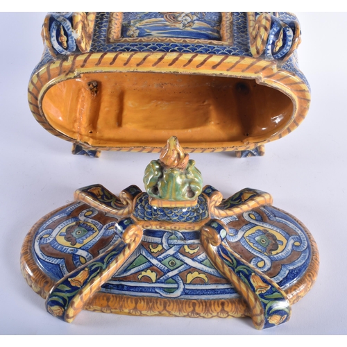 1272 - A RARE 19TH CENTURY ITALIAN MAJOLICA POTTERY BOWL AND COVER of unusual form, painted with classical ... 