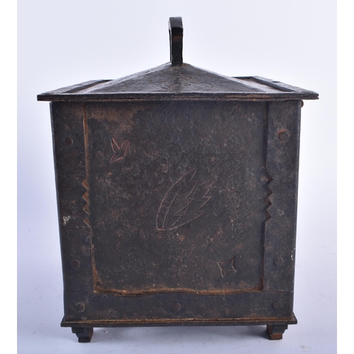 1275 - A LARGE ANTIQUE GERMAN IRON ENGRAVED TABLE CASKET decorated with sparse foliage in the Medieval mann... 