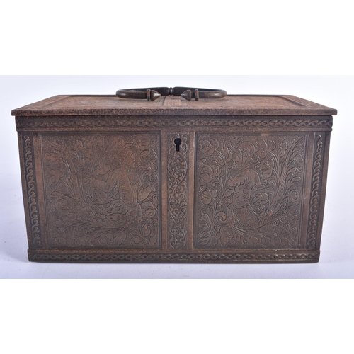 1276 - AN ANTIQUE GERMAN IRON ENGRAVED TABLE CASKET decorated with stylised figures amongst foliage in the ... 