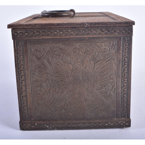 1276 - AN ANTIQUE GERMAN IRON ENGRAVED TABLE CASKET decorated with stylised figures amongst foliage in the ... 