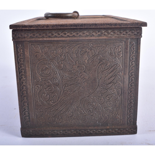 1276 - AN ANTIQUE GERMAN IRON ENGRAVED TABLE CASKET decorated with stylised figures amongst foliage in the ... 