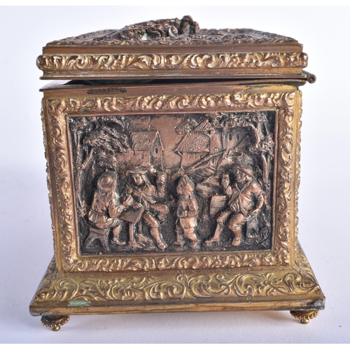 1277 - A MID 19TH CENTURY FRENCH GILT BRONZE TABLE CASKET inscribed A B Paris, decorated with cavaliers and... 