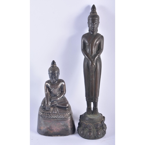 1282 - AN UNUSUAL 19TH CENTURY BURMESE SHAN SILVER OVERLAID WOODEN BUDDHA together with a standing South Ea... 