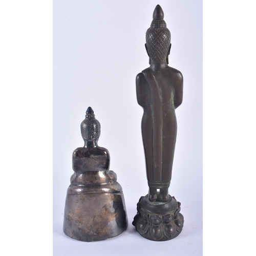 1282 - AN UNUSUAL 19TH CENTURY BURMESE SHAN SILVER OVERLAID WOODEN BUDDHA together with a standing South Ea... 