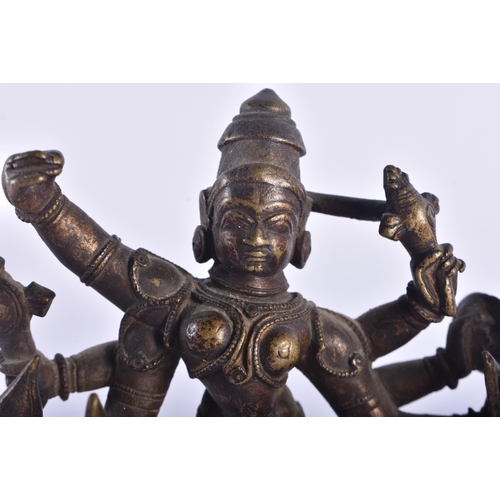 1284 - THREE 17TH/18TH CENTURY INDIAN BRONZE HINDU DEITIES including a multi armed figure pulling the head ... 