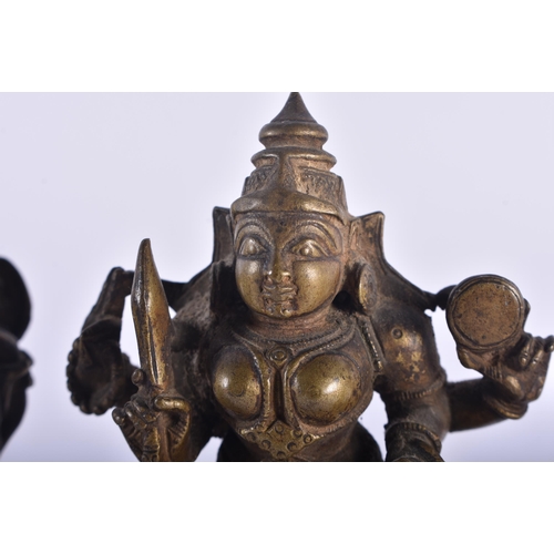 1284 - THREE 17TH/18TH CENTURY INDIAN BRONZE HINDU DEITIES including a multi armed figure pulling the head ... 