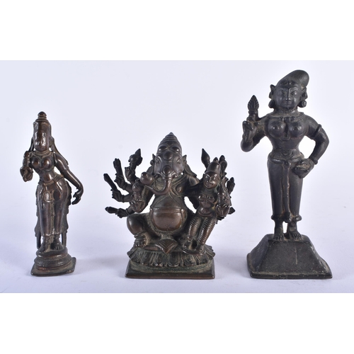 1285 - THREE 17TH/18TH CENTURY INDIAN BRONZE HINDU DEITIES including a multi armed representation of Ganesh... 