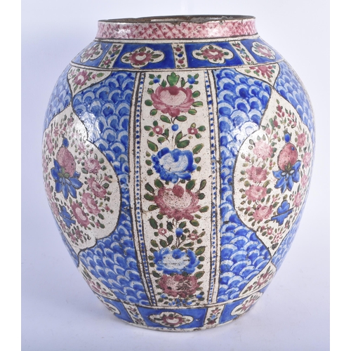 1288 - A LARGE 18TH CENTURY PERSIAN OVOID POTTERY VASE painted with Islamic style floral sprays, under a bl... 