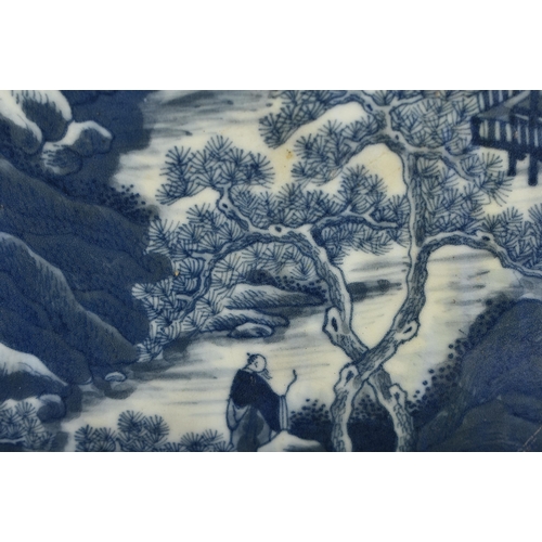 1293 - A LARGE EARLY 19TH CENTURY CHINESE BLUE AND WHITE PORCELAIN PLAQUE Qing, within a heavy burr wood fr... 