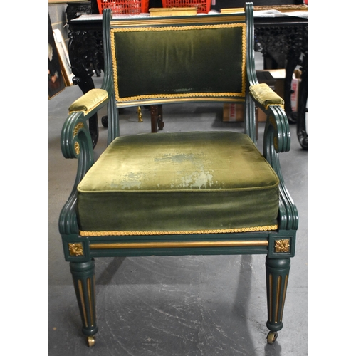 1306 - A GREEN PAINTED REGENCY STYLE COUNTRY HOUSE CARVED WOOD LYRE CHAIR. 92 cm x 60 cm.