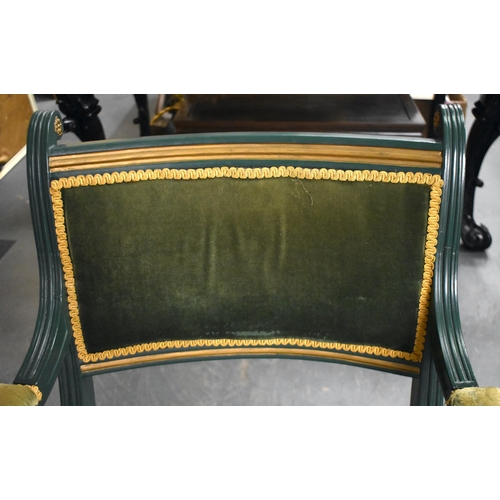 1306 - A GREEN PAINTED REGENCY STYLE COUNTRY HOUSE CARVED WOOD LYRE CHAIR. 92 cm x 60 cm.