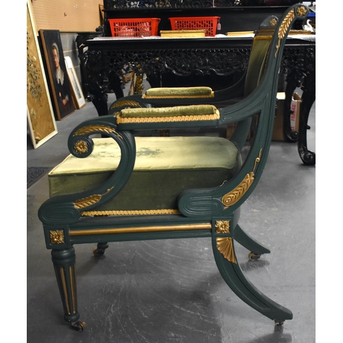 1306 - A GREEN PAINTED REGENCY STYLE COUNTRY HOUSE CARVED WOOD LYRE CHAIR. 92 cm x 60 cm.