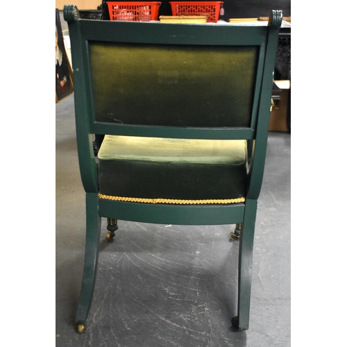 1306 - A GREEN PAINTED REGENCY STYLE COUNTRY HOUSE CARVED WOOD LYRE CHAIR. 92 cm x 60 cm.