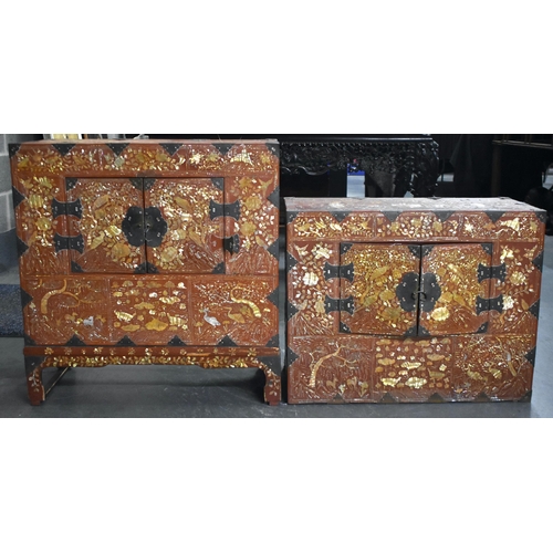 1308 - TWO VERY RARE 19TH CENTURY KOREAN JOSEON DYNASTY RED LACQUER CABINETS possibly for stacking, both de... 