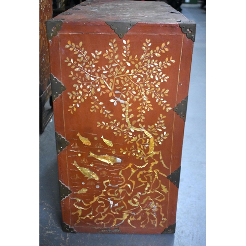 1308 - TWO VERY RARE 19TH CENTURY KOREAN JOSEON DYNASTY RED LACQUER CABINETS possibly for stacking, both de... 