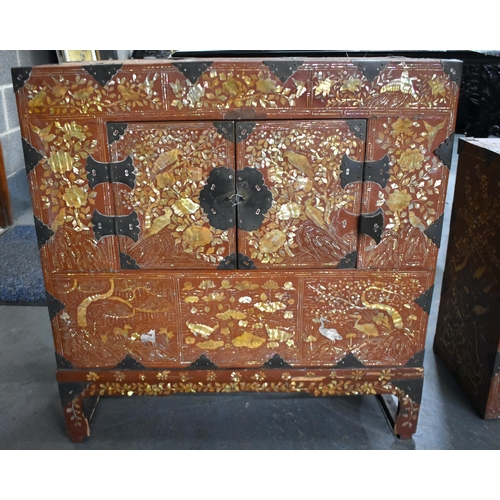 1308 - TWO VERY RARE 19TH CENTURY KOREAN JOSEON DYNASTY RED LACQUER CABINETS possibly for stacking, both de... 