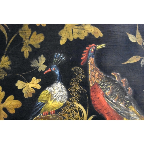 1310 - A VICTORIAN COUNTRY HOUSE BLACK LACQUERED SLIDING FIRE SCREEN decorated with raised birds within lan... 