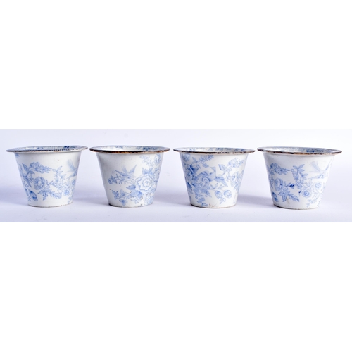 1316 - AN UNUSUAL SET OF VICTORIAN BLUE AND WHITE MINIATURE PLANT POTS printed with the Asiatic pheasant pa... 