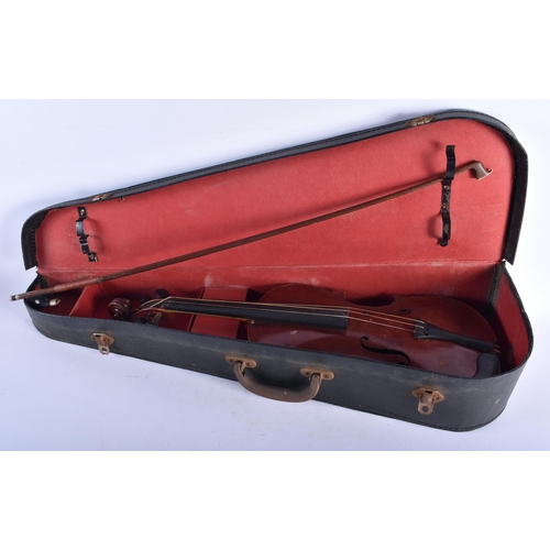 1318 - A TWO PIECE BACK VIOLIN together with a bow signed Tourte. Violin 58.5 cm long, length of back exclu... 