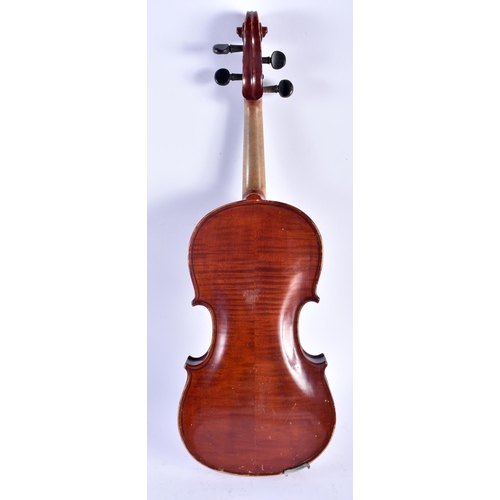 1318 - A TWO PIECE BACK VIOLIN together with a bow signed Tourte. Violin 58.5 cm long, length of back exclu... 