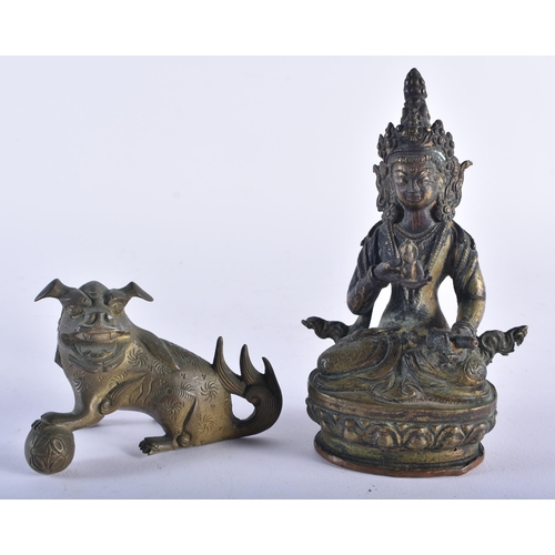 1325 - A 19TH CENTURY TIBETAN BRONZE BUDDHA together with a bronze dog. Largest 15 cm high. (2)