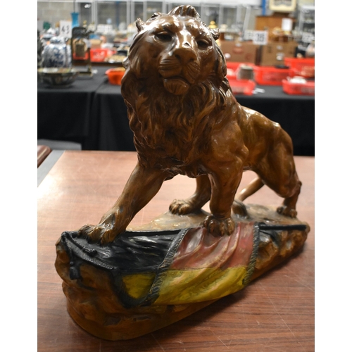 1331 - A LARGE ANTIQUE CONTINENTAL POTTERY LION. 45 cm x 40 cm.