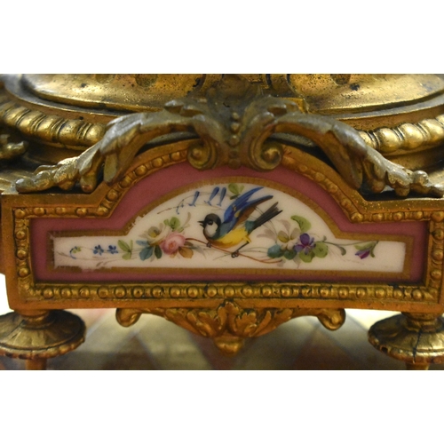 1338 - A 19TH CENTURY FRENCH SEVRES PORCELAIN MANTEL CLOCK painted with birds and flowers. 38 cm x 22 cm.