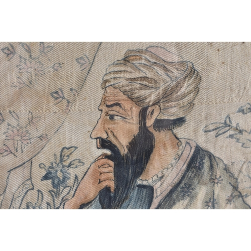 1347 - A 19TH CENTURY ISLAMIC PERSIAN PAINTED SILK PANEL OF LOVERS modelled within a landscape flanked by f... 