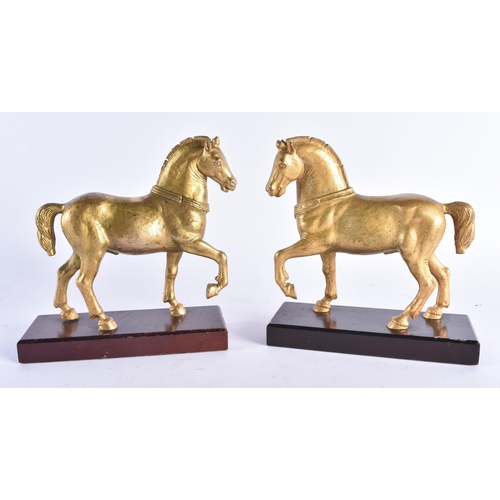 1348 - A FINE PAIR OF EARLY 19TH CENTURY GRAND TOUR GILT BRONZE HORSES possibly Venetian. 17 cm x 17 cm.